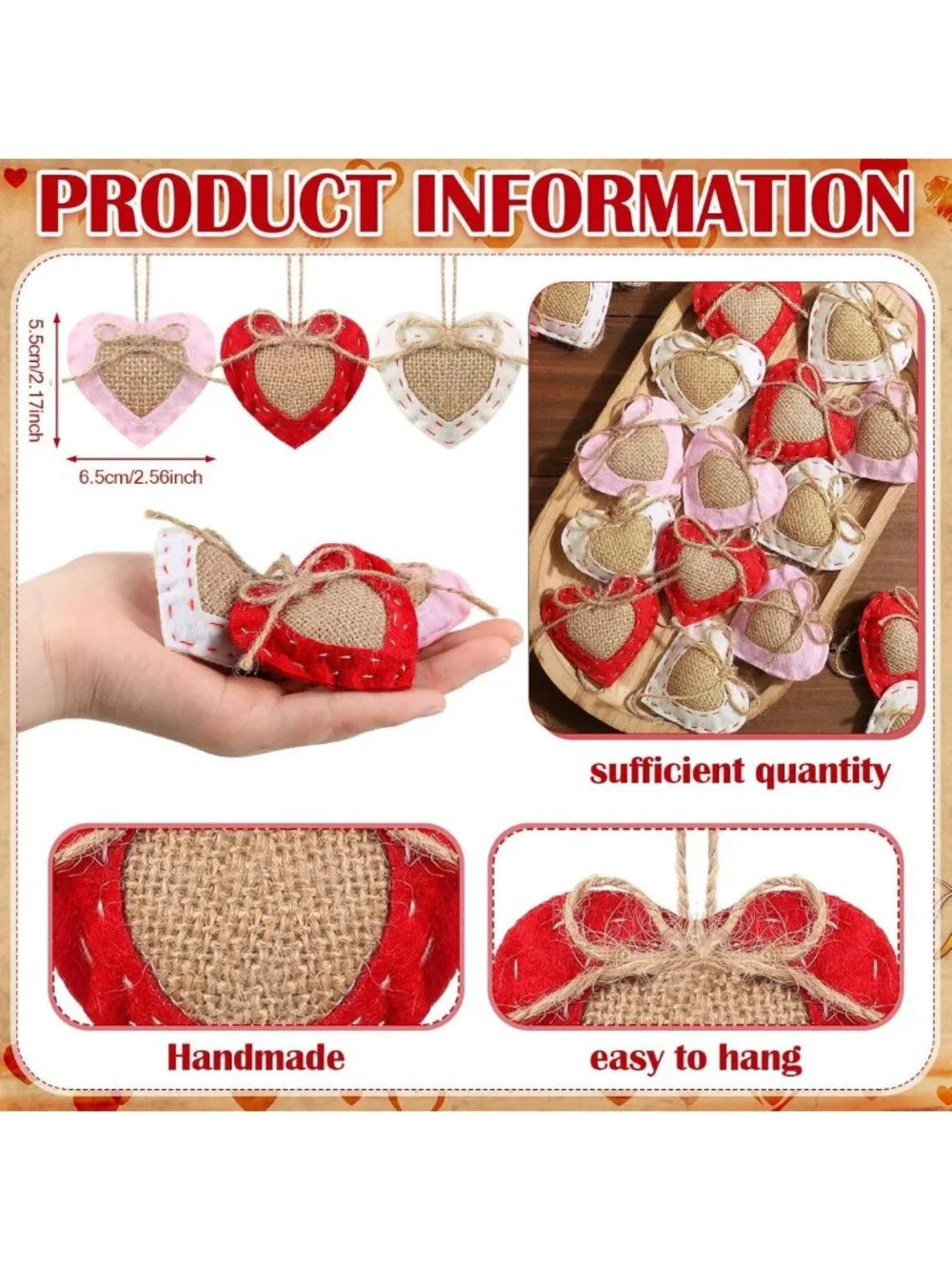 24 Pcs Neutral Valentine's Day Felt Heart Ornaments - Rustic Home Decor & Party